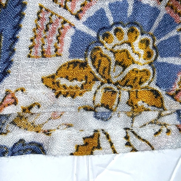 Lucky Brand size SP blouse blue & ivory BOHO 3/4 sleeves w keyhole & tassel ties - Picture 15 of 15